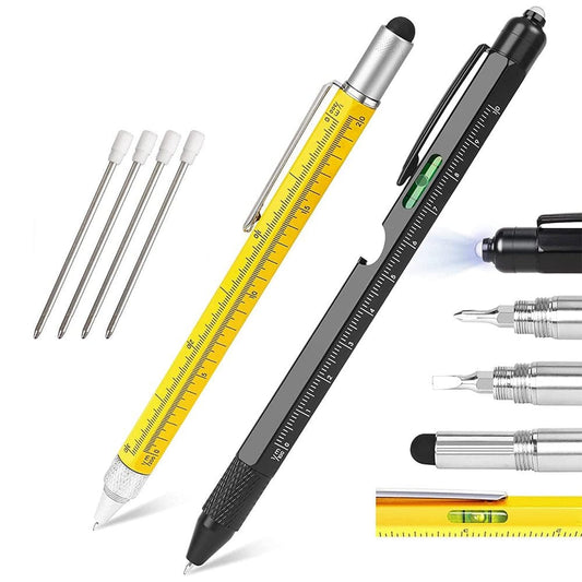 Rnlawks 2Pcs Multi Tool Pen All in 1 Ballpoint Pen with Ruler Level Phillips Flat Head Screwdriver Gadgets Pocket Multitool Pen Multifunctional Engineer Woodworkers Carpenter Construction Tools