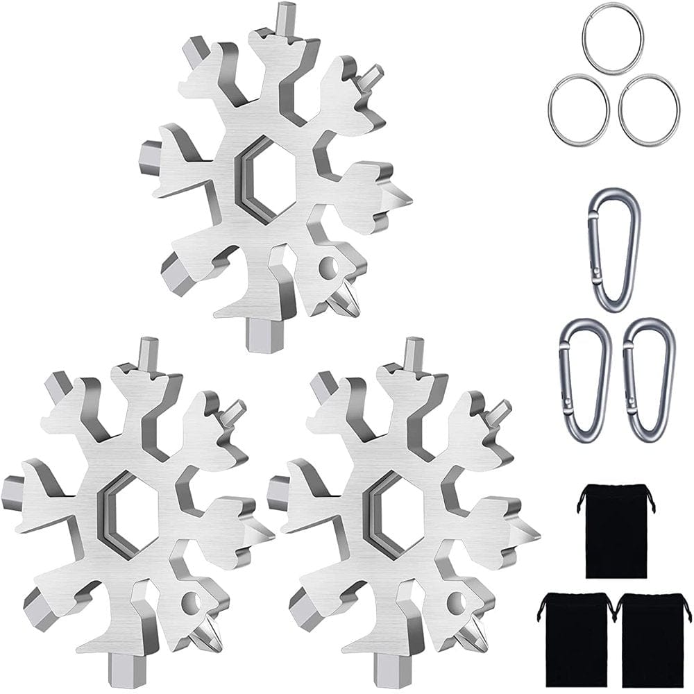 Snowflake Multitool, 3 Piece 18-In-1 Stainless Steel Snowflake Standard Multitool, Snowflake Wrench with Key Ring, Carabiner Clip and Gift Bag (Silver)