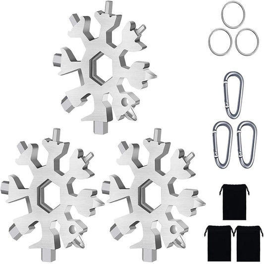 Snowflake Multitool, 3 Piece 18-In-1 Stainless Steel Snowflake Standard Multitool, Snowflake Wrench with Key Ring, Carabiner Clip and Gift Bag (Silver)