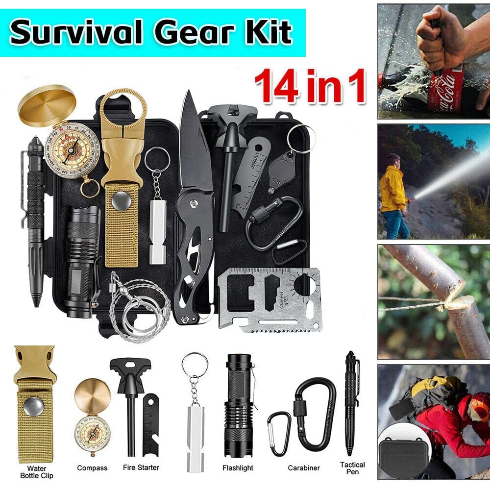 Survival Kit,14In1 Professional Survival Gear Tool Outdoor Emergency SOS Tactical First Aid Equipment Supplies Kits - Wire Saw, Emergency Blanket,Flashlight,Tactical Pen,Water Bottle Clip Ect