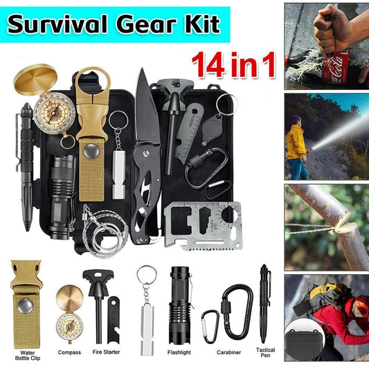 Survival Kit,14In1 Professional Survival Gear Tool Outdoor Emergency SOS Tactical First Aid Equipment Supplies Kits - Wire Saw, Emergency Blanket,Flashlight,Tactical Pen,Water Bottle Clip Ect