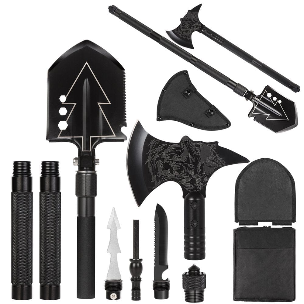 Survival Shovel High Carbon Steel Tactical Shovel Axe Military Folding Entrenching Tool Camping Hiking Camping Shovel Carrying Pouch Car Emergency Survival Gear（Survival Axe）