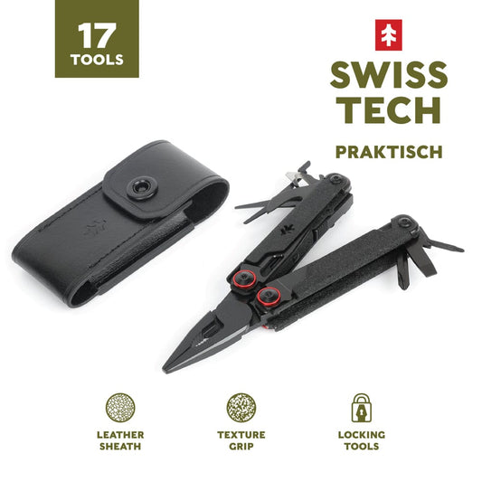 Swiss Tech AUS-8 Steel Blade 17-In-1 Folding Multi-Tool with Leather Sheath, Multi-Purpose Tool, Multi-Function Multitool