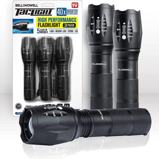 Taclight Tactical Flashlight 3 Pack Tac Light Weatherproof Aircraft Grade Aluminum Construction, 5 Light Modes with 50,000 Hour Cree Leds, 40X Brighter – as Seen on TV