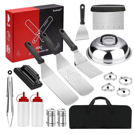 West Bay Griddle Accessories Kit, 18 Pcs Professional Griddle Grill Tools Blackstone and Camp Chef, Stainless Grill BBQ Set with Spatula Set, Scraper, Basting Cover, Tongs, for Outdoor Barbecue