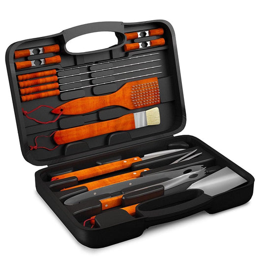 Wood BBQ Grill Tool Set- 18 Pc Stainless Steel Barbecue Accessories with Wooden Handles and Case, Spatula, Tongs, Skewers by Home-Complete